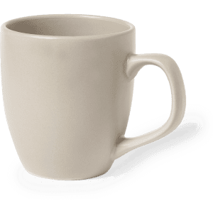 A beige coffee mug with a curved shape and a comfortable handle. It features a logo on the side.