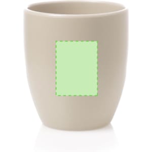 A beige coffee mug with an empty space for custom branding or design.