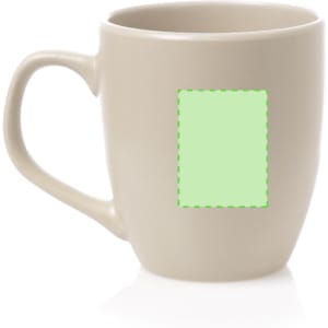 A beige coffee mug with a textured finish and a blank area for custom designs. It features a sturdy handle.