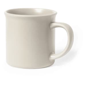 A coffee mug in a soft grey colour with a rounded design and a sturdy handle. It features a logo.