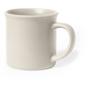 A coffee mug in a smooth, light beige colour with a sturdy handle and simple design.