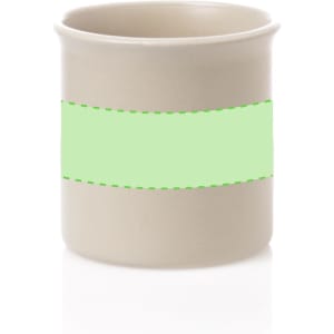 A coffee mug in a beige colour with a green band around the centre. The mug has a smooth, glossy finish and branding.