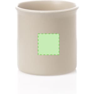 A coffee mug in a light beige colour, featuring a logo or branding on the front.