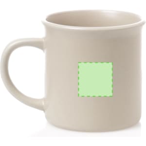 A cream-coloured coffee mug featuring a simple handle and an area designated for branding or customisation.