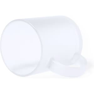 A frosted white sublimation mug with a handle, featuring a smooth surface for custom designs. It includes a logo.