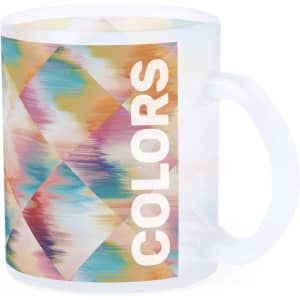 A frosted mug featuring a vibrant, multicoloured geometric pattern and a handle. It has a branding logo.