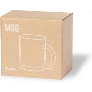 A brown cardboard box containing a sublimation mug, depicting a simple outline of the mug on its side.