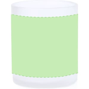 A glass mug in translucent white with a light green design area and a branding logo.