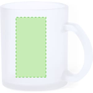 A frosted glass mug in white with a green placeholder area for custom designs. Features a handle and a smooth finish.
