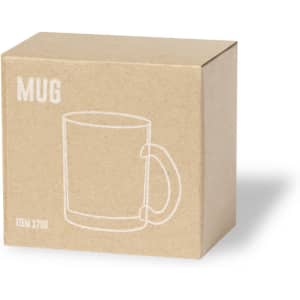 A kraft box containing a white mug, featuring a simple handle and a minimalistic design.