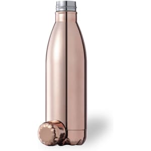 A drink bottle in a metallic rose gold finish, featuring a logo and a rounded base.