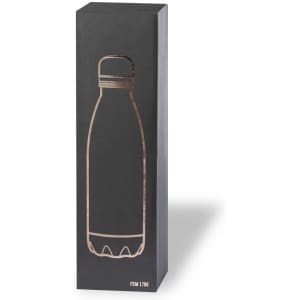 A drink bottle in a sleek black box, featuring a minimalistic design with a copper outline and a logo.
