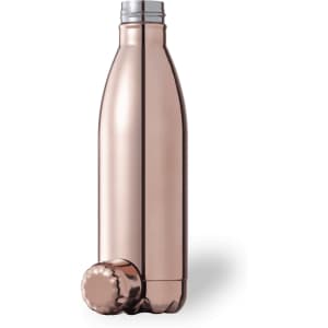 A drink bottle in a sleek rose gold finish with a silver cap, featuring a rounded base and smooth design.