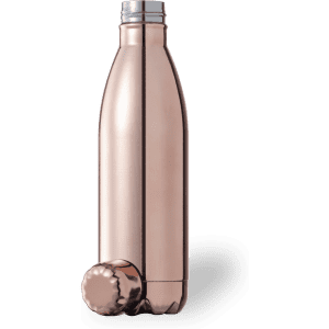 A drink bottle in a sleek rose gold finish, featuring a bottle cap and a simple design. It has a logo on the side.