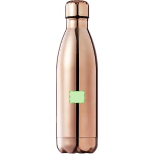 A drink bottle in a shiny rose gold finish with a sleek, modern design and a logo.