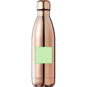 A drink bottle in rose gold with a sleek, stainless steel design and a blank space for branding.