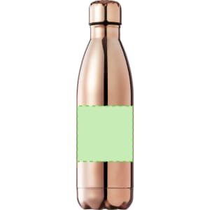 A drink bottle in a sleek, metallic rose gold finish with a blank label area for custom branding.