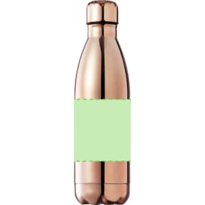 A drink bottle in a sleek, rose gold finish with a green label and a black cap.