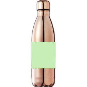 A drink bottle in a sleek metallic rose gold finish with a blank green label area and a silver cap.