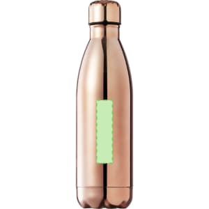 A drink bottle in a shiny rose gold finish with a sleek, narrow design. It features a logo on the surface.