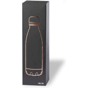 A drink bottle in a sleek, black box with a minimalist design. The bottle features a metallic finish and a logo.