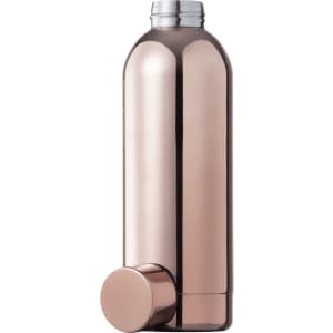 A drink bottle in a sleek rose gold colour with a minimalist design and a circular base. It features a logo.