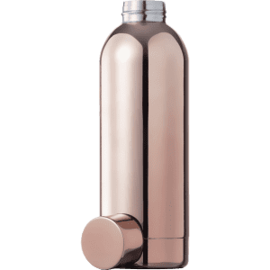 A drink bottle in a reflective rose gold finish, featuring a sleek design and a round cap. It has a logo on the surface.