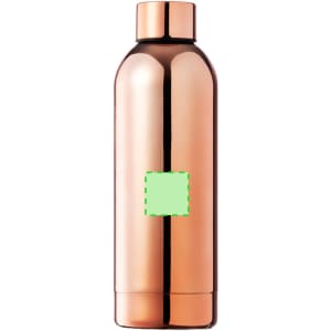 A drink bottle in a sleek rose gold finish with a smooth, reflective surface and a logo on the front.