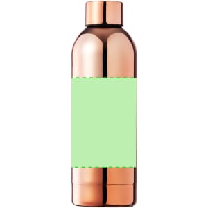 A drink bottle in a sleek, rose gold finish featuring a blank green label for customisation.