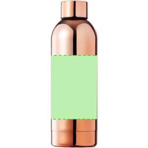 A drink bottle in a rose gold finish with a smooth, cylindrical design and a blank green label area.