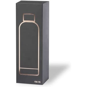 A drink bottle in a sleek black design with a rose gold outline and a box packaging. It features a branding logo.