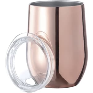 A drink bottle with a polished rose gold exterior and a clear lid, designed for insulated travel use.