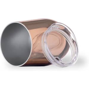 A drink bottle with a sleek, rose gold finish and a clear lid, featuring a logo.