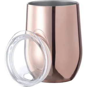A drink bottle with a sleek rose gold stainless steel exterior and a transparent lid. It features a logo.