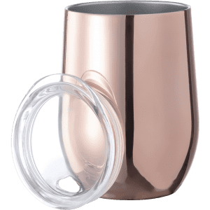 A drink bottle with a rose gold finish and a clear lid, designed for insulated travel.
