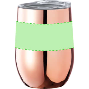 A drink bottle with a shiny rose gold finish and a green label area for custom branding.