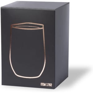 A black box featuring a minimalist rose gold outline of an insulated cup. The box includes a logo.