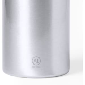 A drink bottle in polished silver metal, featuring a logo and made from recycled materials.