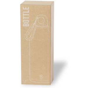 A drink bottle in a cardboard box with a simple design and a loop handle. The box features a light brown colour.