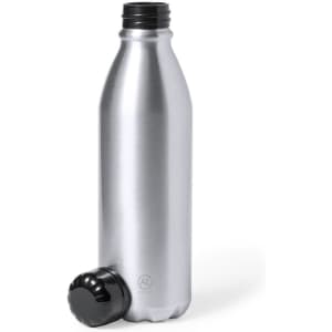 A drink bottle with a sleek silver finish, featuring a black screw cap and a logo.