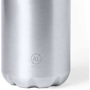 A drink bottle in stainless steel finish with a rounded base and a logo indicating recycled material.