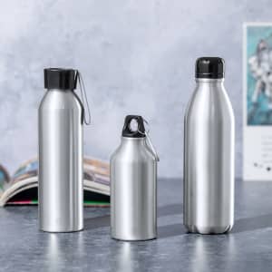 A drink bottle collection featuring three stainless steel designs in various sizes, each with a black cap and a logo.