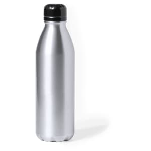 A drink bottle in silver stainless steel with a black cap and a sleek, rounded design.