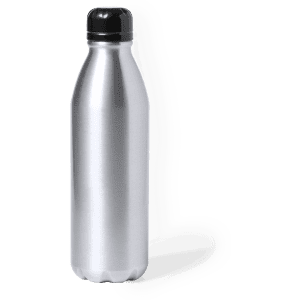 A drink bottle in a sleek silver stainless steel finish with a black cap and a logo.