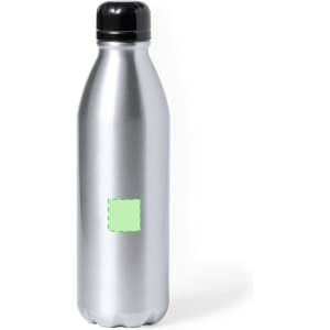 A drink bottle in silver metal with a black lid, featuring a blank area for custom branding or design.