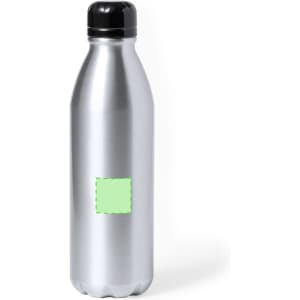 A drink bottle in silver metal with a black cap, featuring a blank space for branding.