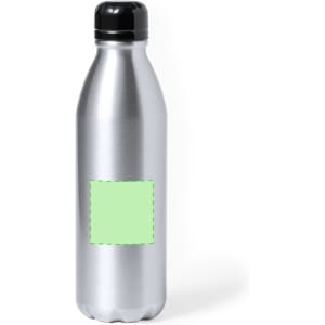 A drink bottle in stainless steel with a black lid and a blank green label area on the front.
