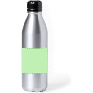 A drink bottle in silver metal with a black cap and a green label area for customisation.