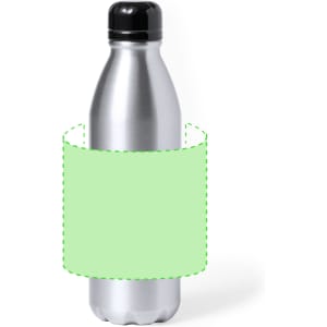 A drink bottle in a sleek silver finish with a black lid, featuring an area for custom branding.