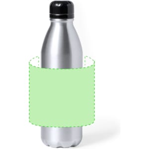 A drink bottle in silver with a black lid, featuring a blank area for custom branding.